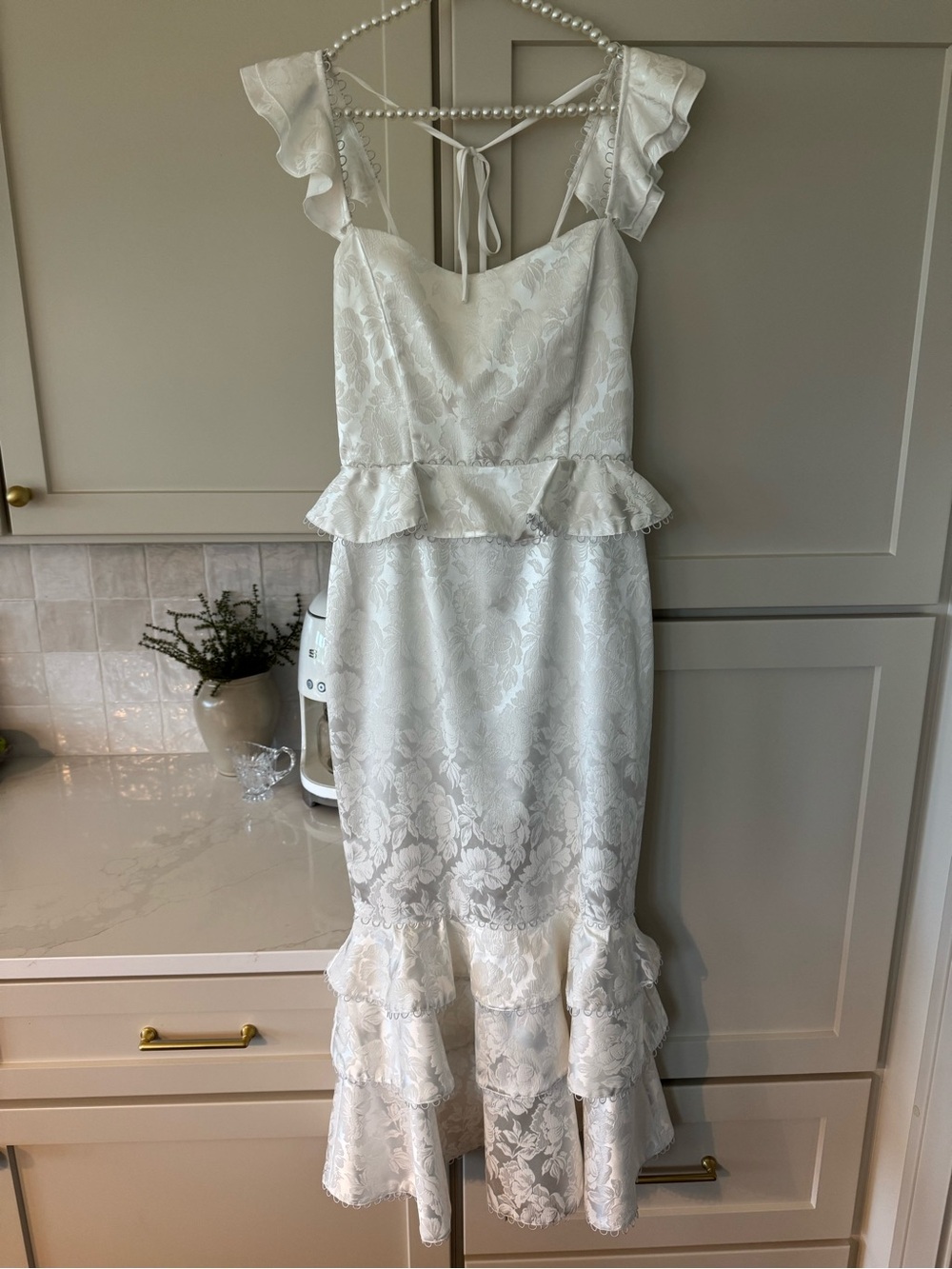 V. Chapman White Lace Peplum Ruffle Midi Dress with Tie Straps